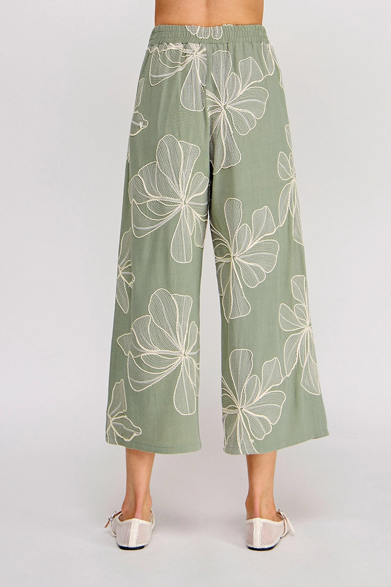 Laurna Botanical Embroidered Linen Ankle Crop Pant