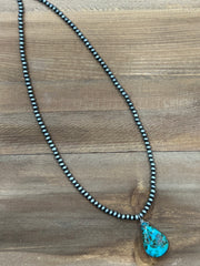 Asdza Mini Navajo Pearls with Jade Turquoise TearDrop Necklace