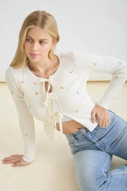 Ellana Floral Embroidery Tie Front Cardigan