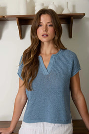 Alisha Split Neckline Short Sleeve Ribbon Knit Pullover Sweater