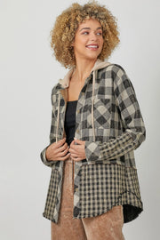 Treva Checked Plaid Mix Hooded Shacket Shirt