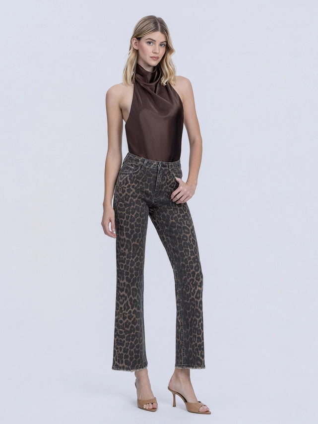 Dark Leopard Print High Rise Slim Wide Pants