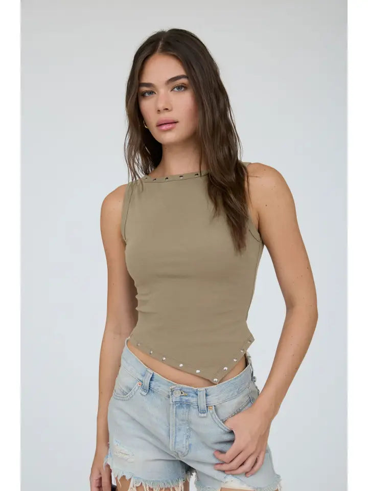 Steel Boat Neckline Stud Trim Knit Top