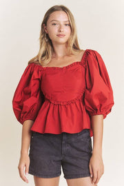 HEART SHAPED BUST 1/2 PUFF SLEEVE PEPLUM TOP: TOMATO RED / M