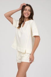 Elyse Mineral Washed Split Neck Short Sleeve Top