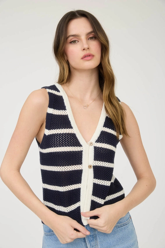 Marina Stripe Button Front Crochet Knit Vest