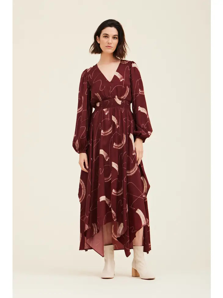 Claret Print Satin Long Sleeve Dress with Smocked Waistband and Uneven Hemline