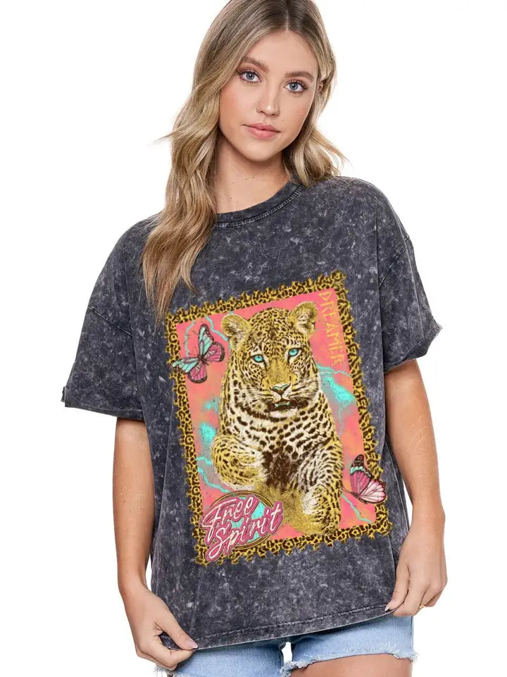 Free Spirit Dreamer Cheetah Butterfly Short Sleeve Snow Dye Tee