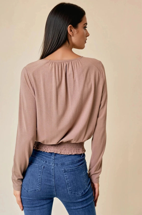 Carole Smocked Waist Long Sleeve Knit Blouse