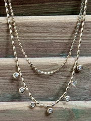 Two Layered Chain Necklace with Clear Crystal Drop Accents