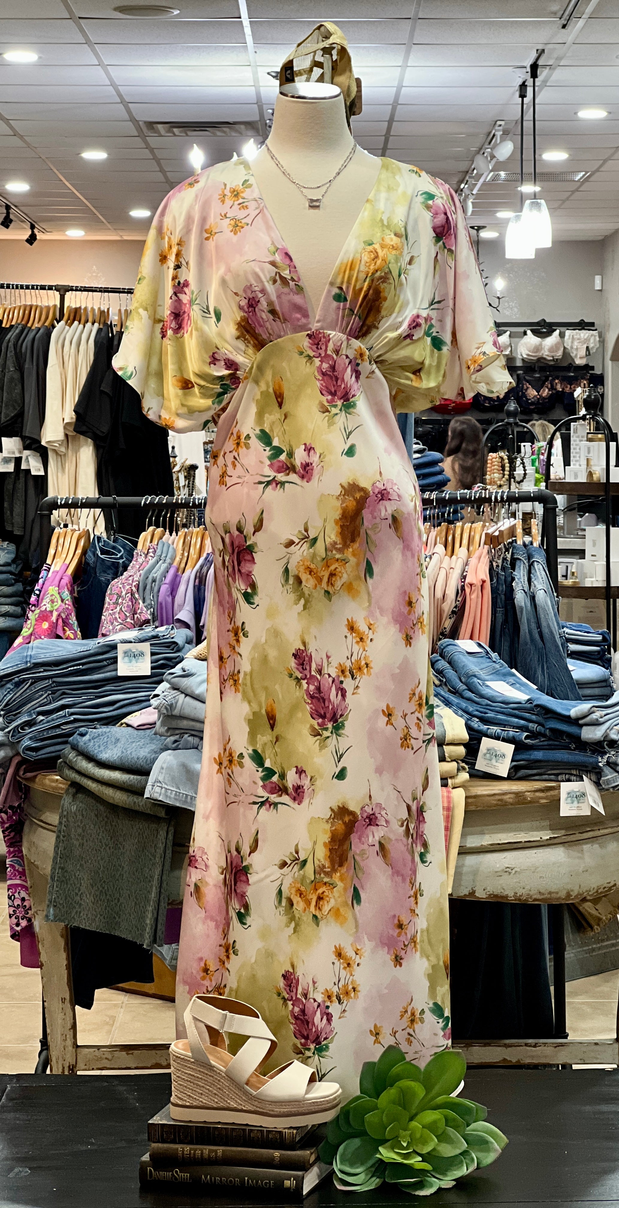 Josie Floral Print Satin Deep V-Neck Empire Waist Midi Dress