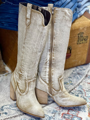 Hey Girl by Corkys "Talk Is Cheap" Washed Beige Denim Tall Boots