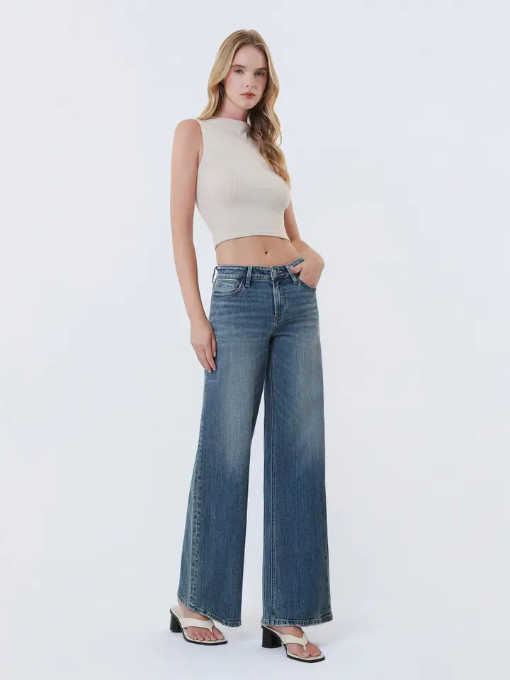 Mama Tried Mid Rise Wide Leg Vintage Wash Denim Jeans