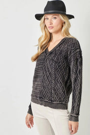 Karissa Mineral Washed Multi-Cable Knit Texture V-Neck Sweater