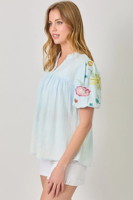 Maya Embroidered Puff Sleeve Washed Cotton Gauze Top