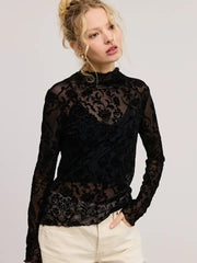 Sheer Floral Velvet Lace Long Sleeve Top