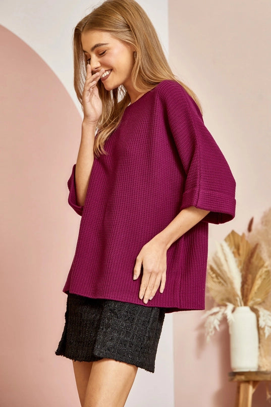 Claire Dolman Half Sleeve Transitional Sweater with Round Neckline