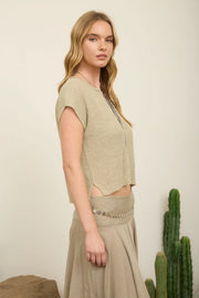 Alana Split Neck Cap Sleeve Ribbon Knit Pullover