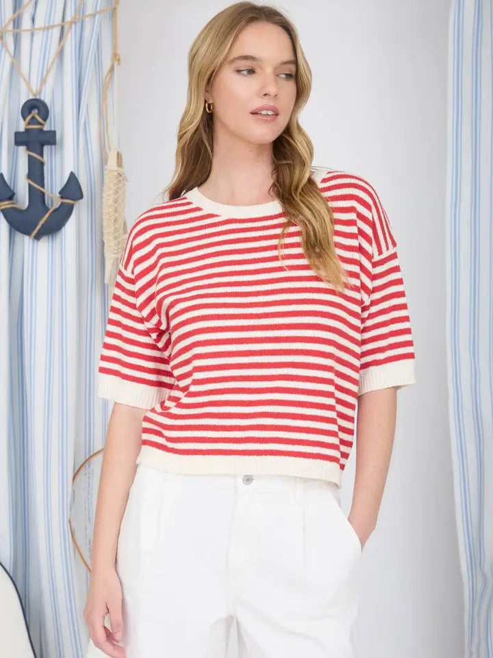 Stripe a Pose Contrast Trim Short Sleeve Striped Knit Sweater