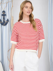 Stripe a Pose Contrast Trim Short Sleeve Striped Knit Sweater