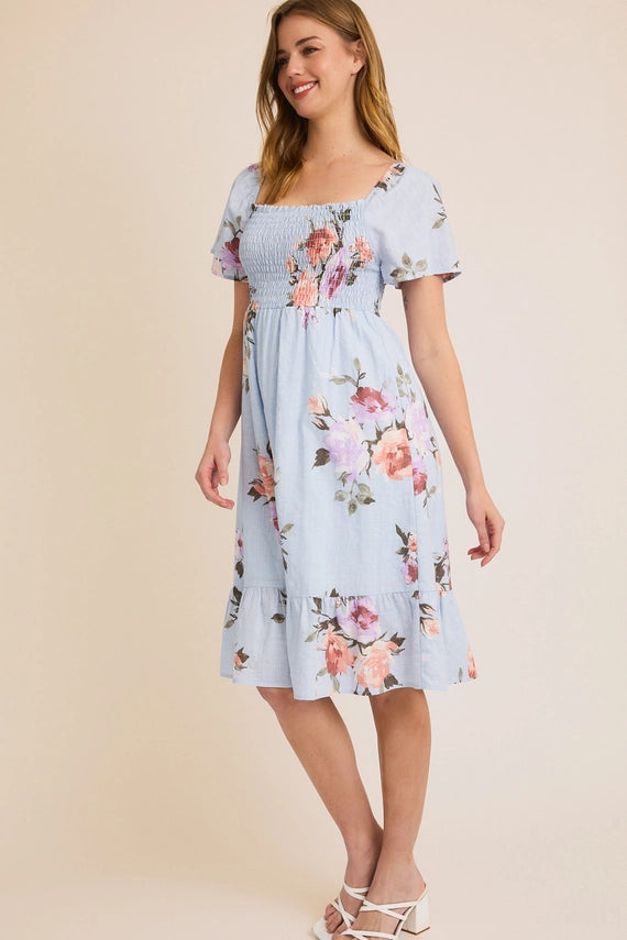 Dinah Short Sleeve Smocked Floral Midi Dress