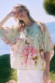 Dayna Tie Front Floral Printed Batwing Sleeve Peplum Blouse Top