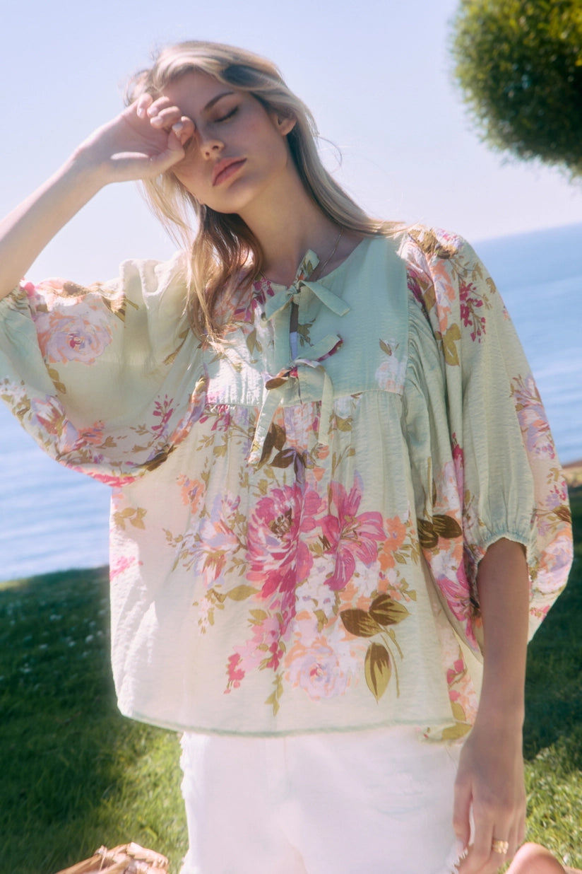 Dayna Tie Front Floral Printed Batwing Sleeve Peplum Blouse Top