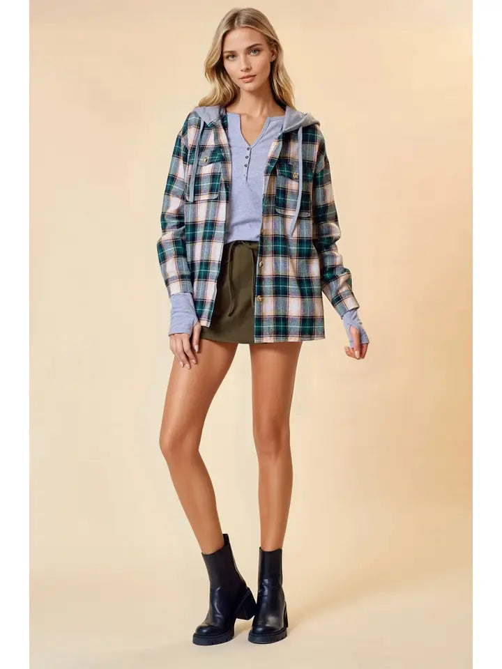 Crockett Hooded Plaid Button Front Shirt Jacket