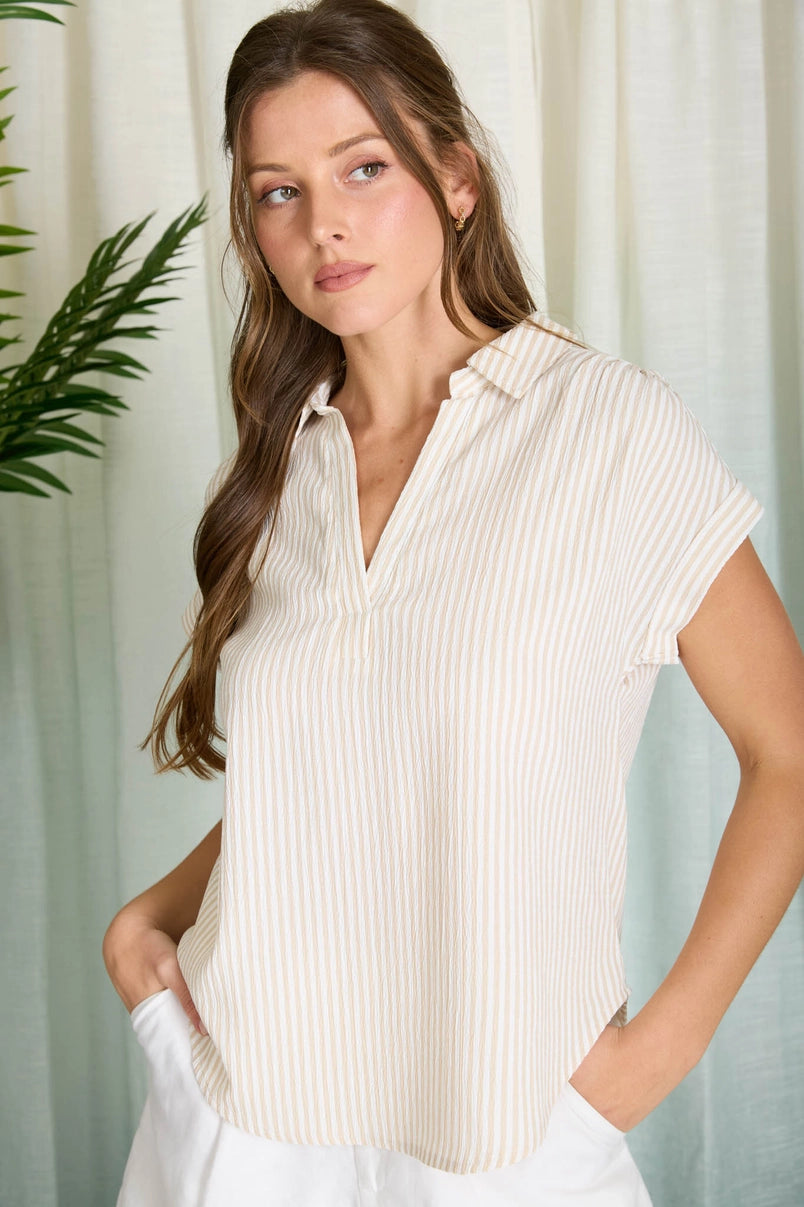 Penni Stripe Collared V-Neck Cuff Short Sleeve Top