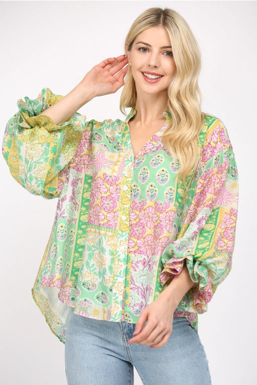 Aidyn Puff Sleeve Button Down Chiffon Blouse