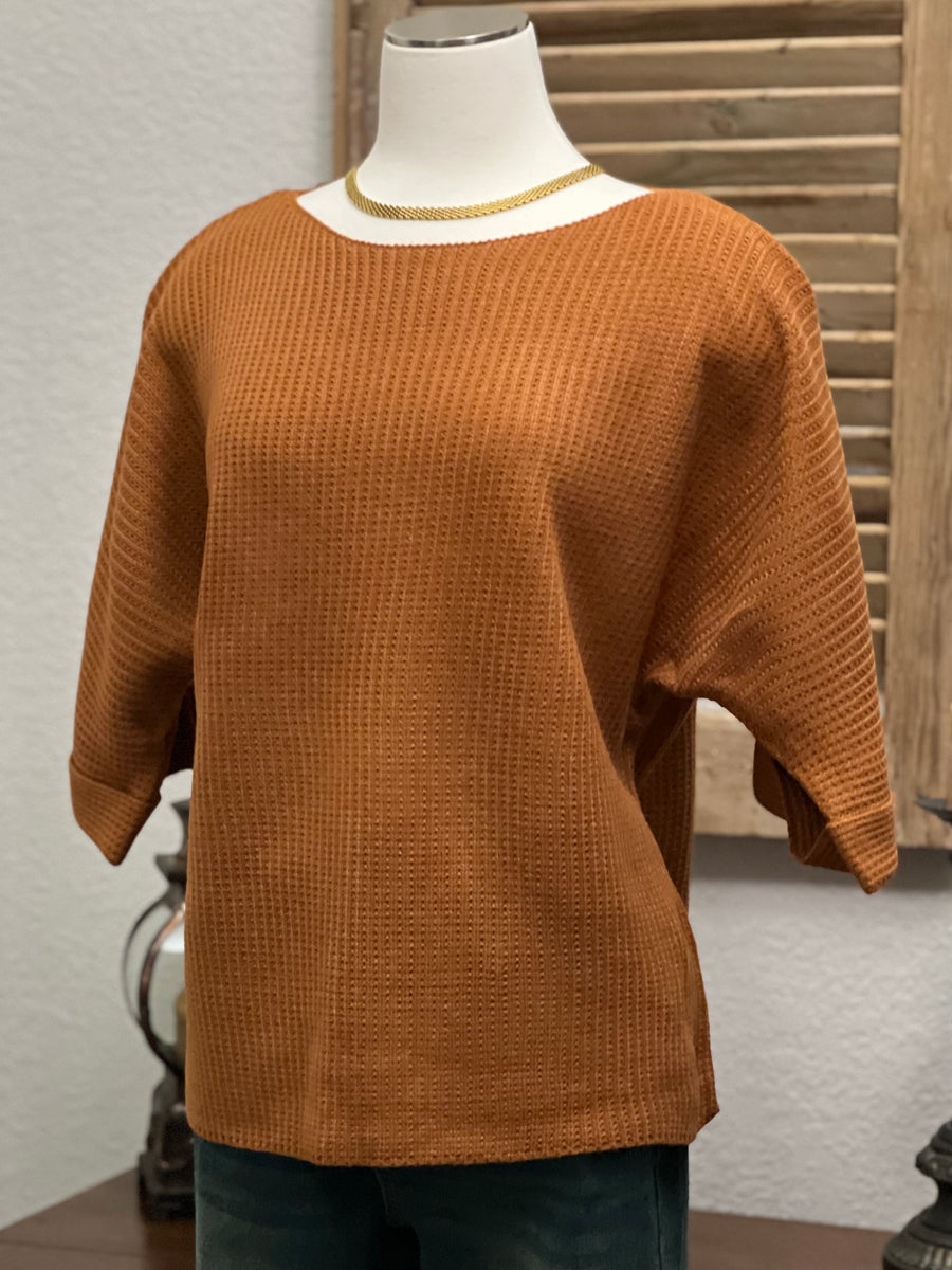 Claire Dolman Half Sleeve Transitional Sweater with Round Neckline