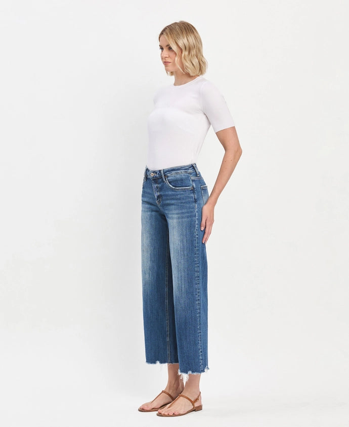 Bad Romance Mid Rise Ankle Wide Leg Distressed Hem Jeans