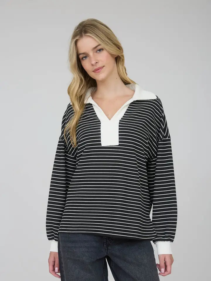 Leanne Contrast Collar Stripe Long Sleeve Knit Top