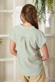 Penni Stripe Collared V-Neck Cuff Short Sleeve Top