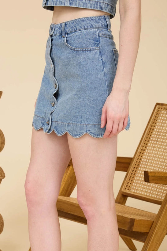 Scalloped Button Front Washed Denim Mini Skirt