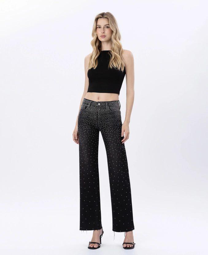 Rhinestone Cowboy High Rise Slim Wide Jeans