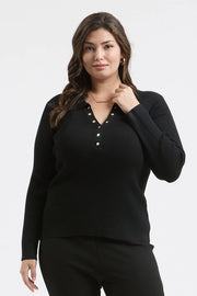 Evelia Collared Gold Snap Long Sleeve Knit Top