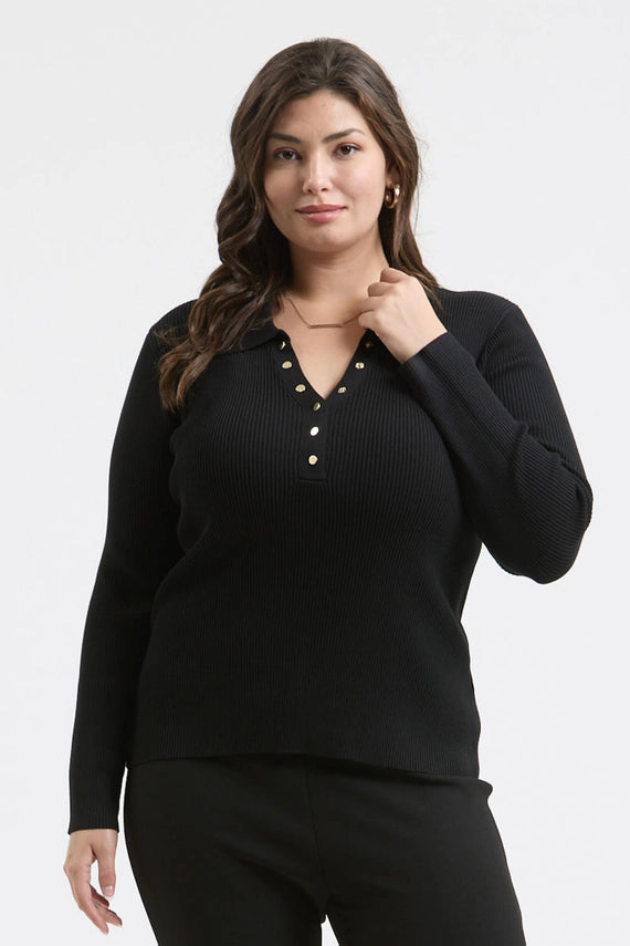 Evelia Collared Gold Snap Long Sleeve Knit Top