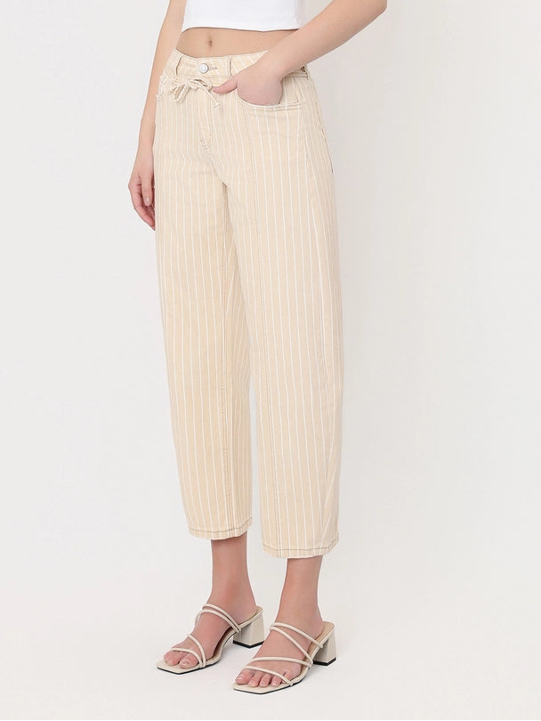 Stryker High Rise Seamed Stripe Cropped Barrel Jeans with Tie Waist