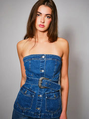 Buckle Bunny Western Buckle Belted Bustier Denim Top