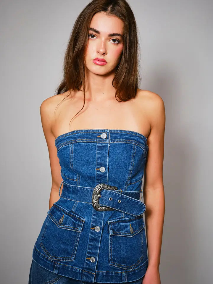 Buckle Bunny Western Buckle Belted Bustier Denim Top