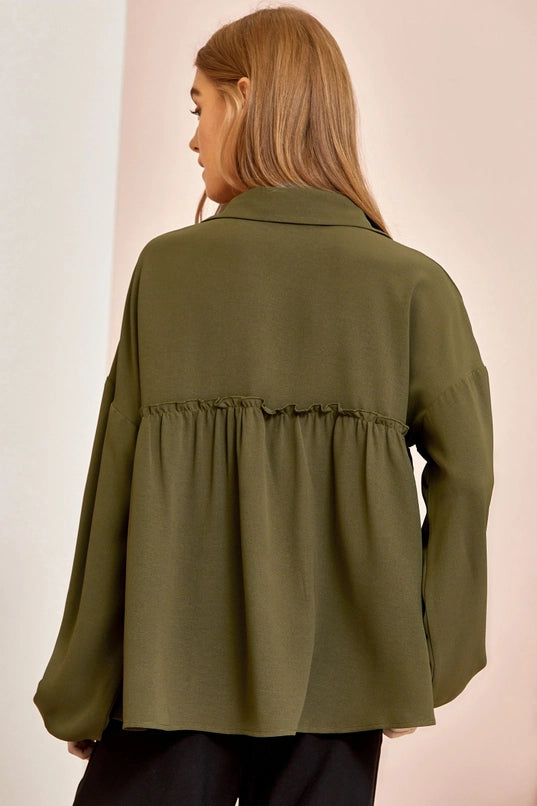 Nadia Oversized Button-Down Flowy Top with Ruffle Detail
