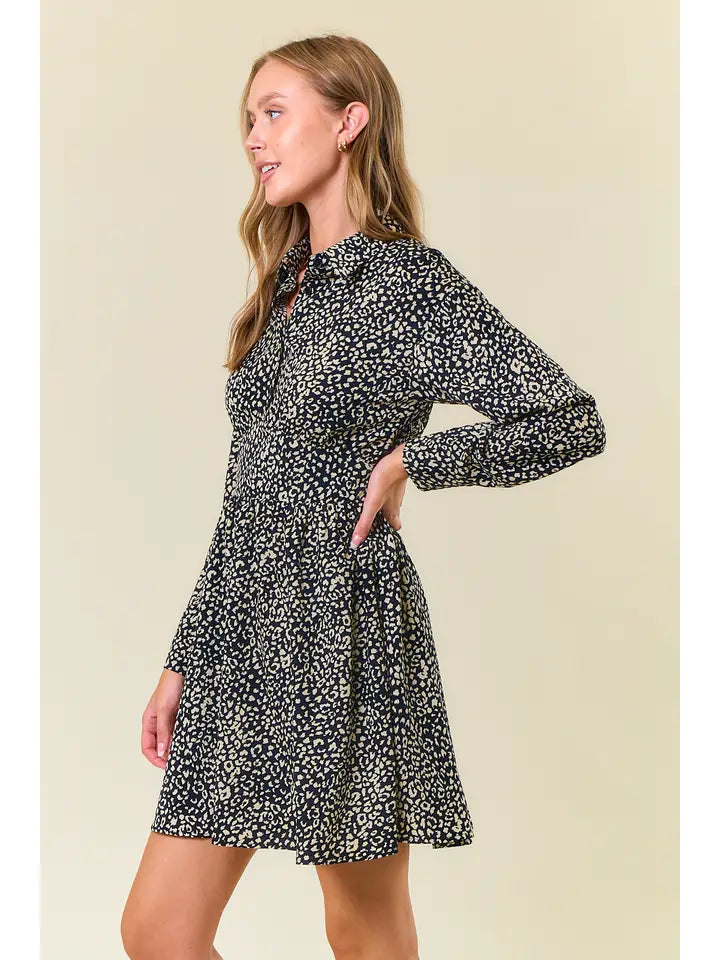 Catalina Collared Animal Print Long Sleeve Mini Dress