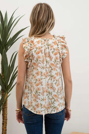 Christy Sleeveless Ruffle Trim Floral Print Satin Blouse