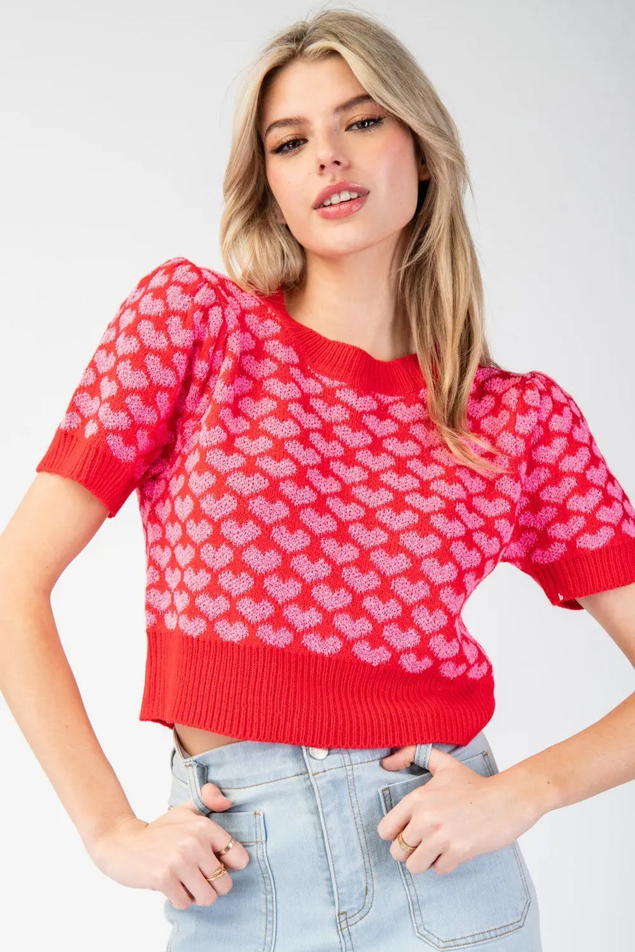 Love Is.... Heart Pattern Short Sleeve Sweater Knit Top