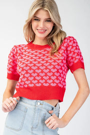 Love Is.... Heart Pattern Short Sleeve Sweater Knit Top