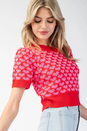 Love Is.... Heart Pattern Short Sleeve Sweater Knit Top
