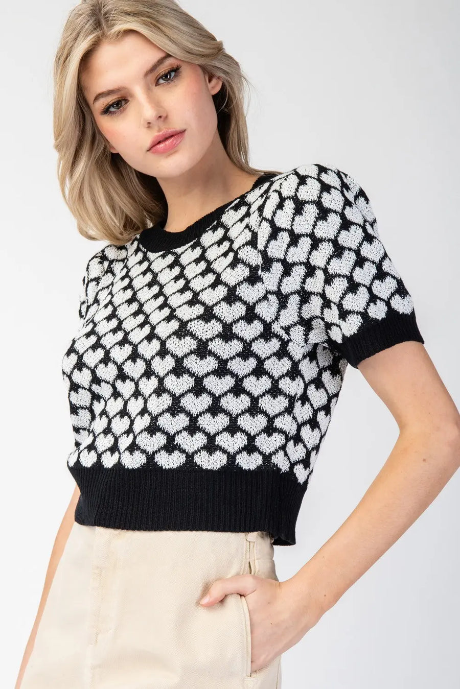 Love Is.... Heart Pattern Short Sleeve Sweater Knit Top