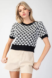 Love Is.... Heart Pattern Short Sleeve Sweater Knit Top