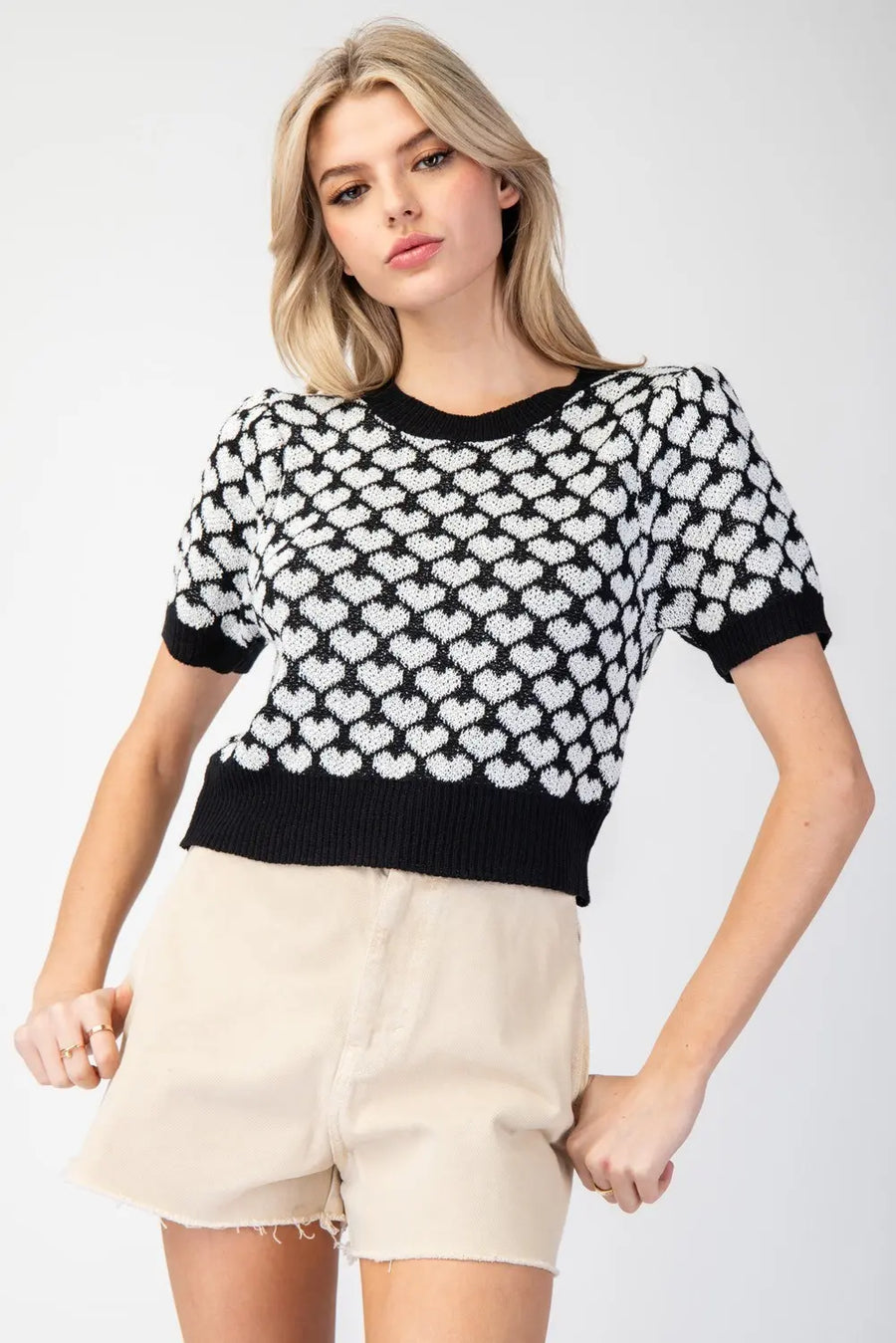 Love Is.... Heart Pattern Short Sleeve Sweater Knit Top